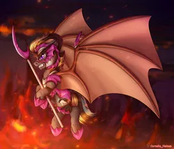 Size: 4000x3428 | Tagged: safe, artist:cornelia_nelson, derpibooru import, oc, unofficial characters only, bat pony, pony, angry, armor, bat pony oc, bat wings, fantasy class, fire, helmet, warrior, wings