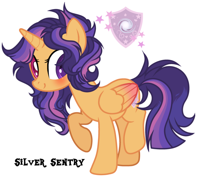 Size: 2781x2503 | Tagged: safe, artist:starling-sentry-yt, derpibooru import, oc, oc:silver sentry, unofficial characters only, alicorn, pony, alicorn oc, base used, blushing, female, heterochromia, horn, mare, offspring, parent:flash sentry, parent:twilight sparkle, parents:flashlight, simple background, solo, transparent background, wings