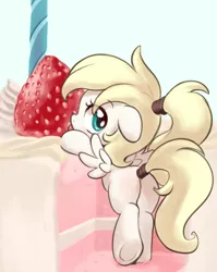 Size: 818x1029 | Tagged: safe, artist:pestil, derpibooru import, oc, oc:luftkrieg, unofficial characters only, pegasus, pony, aryan, aryan pony, blank flank, blonde, butt, cake, cute, female, filly, food, licking, luftkriebetes, nazipone, plot, ponytail, strawberry, tail wrap, tongue out