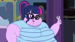 Size: 1024x576 | Tagged: suggestive, artist:jamesawilliams1996, derpibooru import, edit, edited screencap, screencap, sci-twi, twilight sparkle, series:twilight and pinkie's weight problems, equestria girls, equestria girls series, star crossed, bbw, belly, big belly, big breasts, bingo wings, breasts, busty twilight sparkle, chubby cheeks, chubby twilight, double chin, fat, fat edit, female, glasses, huge belly, huge breasts, mirror, morbidly obese, obese, ponytail, sci-twilard, smiling, ssbbw, story included, twilard sparkle, wrench