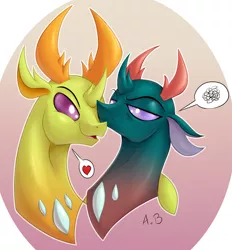 Size: 2783x3000 | Tagged: artist:hyperstorm_h, artist:rossmaniteanzu, brotherly love, brothers, bust, changedling, changedling brothers, changeling, colored, derpibooru import, king thorax, male, pharynx, prince pharynx, safe, siblings, thorax