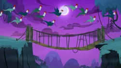 Size: 2100x1180 | Tagged: safe, derpibooru import, screencap, cockatrice, pony, student counsel, bridge, flock, flying, full moon, moon, night, rope bridge