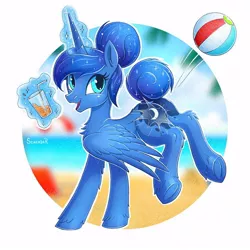 Size: 1000x1000 | Tagged: safe, artist:scheadar, derpibooru import, princess luna, alicorn, pony, between dark and dawn, alternate hairstyle, ball, beach ball, butt, butt bump, cute, female, happy, magic, mare, ocean, plot, sand, solo, underhoof, vacation