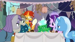 Size: 1920x1080 | Tagged: safe, derpibooru import, screencap, maud pie, mudbriar, starlight glimmer, sunburst, trixie, earth pony, pony, unicorn, student counsel, cake, cupcake, equinox cake, food, pain, spiky, table