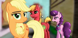Size: 2000x976 | Tagged: safe, artist:10art1, derpibooru import, edit, editor:wild stallions, applejack, big macintosh, sugar belle, earth pony, pony, unicorn, applecest, applemac, brother and sister, butt, distracted boyfriend meme, female, implied sugarmac, incest, infidelity, love triangle, male, plot, shipping, siblings, straight, subtle as a train wreck