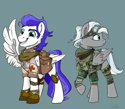 Size: 1280x1120 | Tagged: safe, artist:rutkotka, derpibooru import, oc, oc:knightingale, oc:silent kosmos, pegasus, pony, unicorn, bag, combat medic, duo, female, gray background, grin, hooves, looking back, male, mare, medic, raised hoof, saddle bag, salute, simple background, smiling, stallion, wing salute, wings