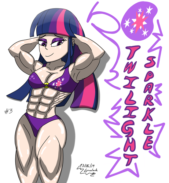 Size: 2800x3038 | Tagged: suggestive, artist:lyruzlavh, derpibooru import, twilight sparkle, human, equestria girls, equestria girls series, abs, armpits, belly button, biceps, bikini, bra, breasts, clothes, cutie mark, cutie mark underwear, eyelashes, eyeshadow, female, fetish, looking at you, makeup, muscle fetish, muscle growth, muscles, muscular female, smiling, smiling at you, solo, swimsuit, text, twilight muscle, underwear