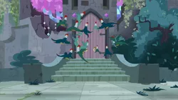 Size: 2100x1180 | Tagged: safe, derpibooru import, screencap, cockatrice, pony, student counsel, castle of the royal pony sisters, door, flock, flying, stairs