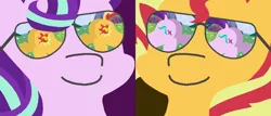 Size: 1004x428 | Tagged: safe, artist:threetwotwo32232, derpibooru import, editor:rozyfly10, starlight glimmer, sunset shimmer, pony, unicorn, bunset shimmer, butt, dat butt, dock, double, double butt, eyes on the prize, female, glasses, glimmer glutes, lesbian, looking at her butt, meme, plot, prize on the eyes, reflection, shimmerglimmer, shipping, sunglasses