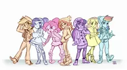 Size: 2714x1508 | Tagged: safe, artist:ohjeetorig, derpibooru import, applejack, fluttershy, pinkie pie, rainbow dash, rarity, sci-twi, sunset shimmer, twilight sparkle, equestria girls, boots, clothes, cowboy hat, earmuffs, freckles, glasses, hat, high heel boots, humane five, humane seven, humane six, jacket, miniskirt, official fan art, pantyhose, pleated skirt, raincoat, ripped pants, shoes, sketch, skirt, socks, stetson, thigh highs, winter outfit, zettai ryouiki