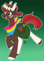 Size: 943x1303 | Tagged: safe, artist:polymercorgi, derpibooru import, oc, oc:danny, earth pony, pony, bag, floral head wreath, flower, male, pride, pride flag, saddle bag, solo, stallion