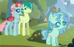 Size: 1136x720 | Tagged: safe, artist:comet-swirls, derpibooru import, ocellus, sandbar, oc, oc:aquamarine, butterfly, changedling, changeling, changepony, hybrid, base used, female, interspecies offspring, male, ocelbar, offspring, older, older ocellus, parent:ocellus, parent:sandbar, parents:ocelbar, shipping, straight