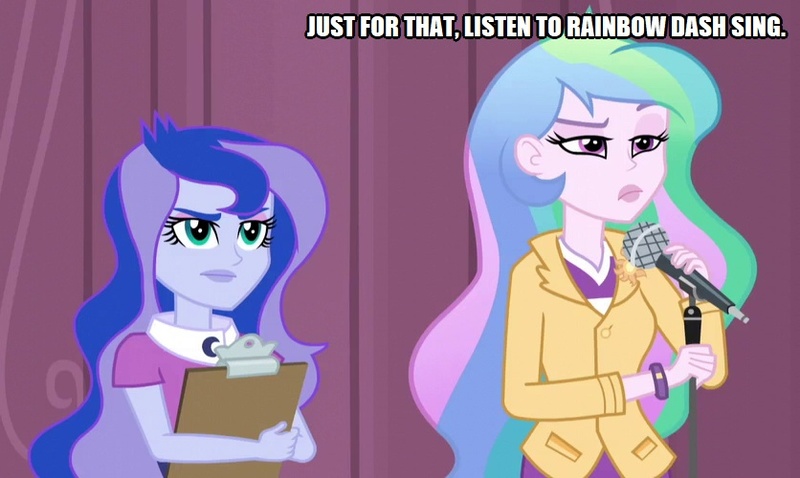 Size: 836x500 | Tagged: safe, derpibooru import, edit, edited screencap, screencap, princess celestia, princess luna, equestria girls, friendship games, caption, duo, image macro, implied rainbow dash, microphone, principal celestia, solo, text, vice principal luna