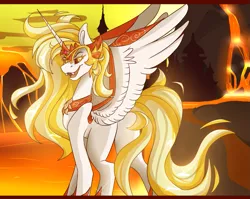 Size: 1255x1000 | Tagged: safe, artist:melobee, derpibooru import, daybreaker, alicorn, pony, a royal problem, fangs, helmet, lava, looking back, mane of fire, open mouth, solo, spread wings, volcano, wings