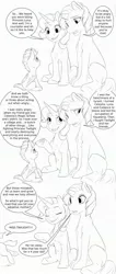 Size: 1260x2972 | Tagged: safe, artist:silfoe, derpibooru import, starlight glimmer, tempest shadow, oc, oc:pterus, bat pony, pony, unicorn, royal sketchbook, adopted offspring, alternate hairstyle, bat pony oc, bat wings, broken horn, colt, female, foal, horn, magical lesbian spawn, male, mare, monochrome, offspring, parent:princess luna, parent:twilight sparkle, parents:twiluna, scared, simple background, speech bubble, talking, white background, wings