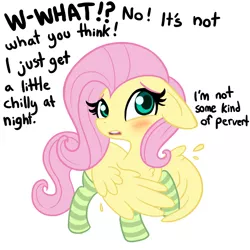 Size: 1080x1080 | Tagged: safe, artist:tjpones, color edit, derpibooru import, edit, editor:deserter, fluttershy, pegasus, pony, adorable distress, blushing, chest fluff, clothes, colored, covering, cute, dialogue, female, floppy ears, lewd, lies, mare, pervert, ponies in socks, shyabetes, simple background, socks, solo, striped socks, suspiciously specific denial, sweat, talking, talking to viewer, white background