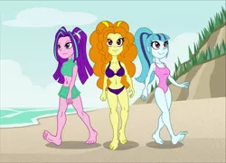 Size: 764x554 | Tagged: safe, artist:niban-destikim, derpibooru import, adagio dazzle, aria blaze, sonata dusk, equestria girls, equestria girls series, barefoot, beach, belly button, bikini, clothes, cropped, feet, female, legs, midriff, one-piece swimsuit, smiling, swimsuit, the dazzlings, walking