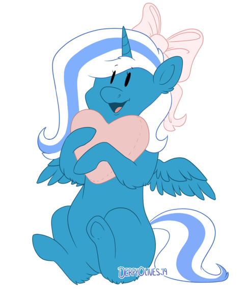 Size: 880x1080 | Tagged: safe, artist:derpyolives, derpibooru import, oc, oc:fleurbelle, alicorn, pony, adorable face, alicorn oc, bow, cute, female, hair bow, happy, horn, hug, mare, pillow, pillow hug, sweet, wings