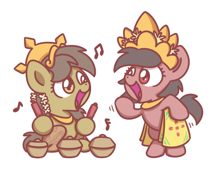 Size: 2560x2048 | Tagged: safe, artist:sugar morning, derpibooru import, oc, oc:nuning, oc:salasika, unofficial characters only, earth pony, pony, batik, chibi, clothes, cute, dancing, female, flower, flower in hair, gamelan, headdress, mare, music notes, nusaponycon, playing instrument, simple background, transparent background