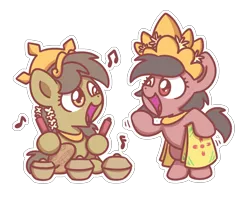 Size: 2560x2048 | Tagged: safe, artist:sugar morning, derpibooru import, oc, oc:nuning, oc:salasika, unofficial characters only, earth pony, pony, batik, chibi, clothes, cute, dancing, female, flower, flower in hair, gamelan, headdress, mare, music notes, nusaponycon, playing instrument, simple background, transparent background