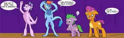 Size: 6104x1896 | Tagged: safe, artist:chedx, derpibooru import, rainbow dash, smolder, spike, starlight glimmer, ponified, dragon, pegasus, pony, unicorn, comic:claws and hooves, blushing, dragoness, dragonified, excitement, female, glimmerdragon, happy, ponified smolder, ponified spike, rainbow dragon, shocked, species swap