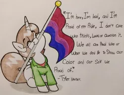 Size: 680x522 | Tagged: safe, artist:paper view of butts, derpibooru import, oc, oc:paper butt, pony, unicorn, bisexual pride flag, clothes, colored, colored pencil drawing, cute, female, flag, glasses, horn, jacket, male, mare, mouth hold, ocbetes, pride, pride flag, pride month, pride ponies, solo, speech, stallion, talking, traditional art