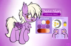 Size: 2500x1600 | Tagged: safe, artist:kimjoman, derpibooru import, oc, oc:pinkfull night, unofficial characters only, bat pony, pony, bat pony oc, bat wings, chest fluff, commission, cutie mark, female, glasses, grin, reference sheet, smiling, solo, teenager, wings