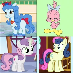 Size: 800x800 | Tagged: safe, derpibooru import, bon bon, sweetie belle, sweetie drops, bird, pony, on your marks, slice of life (episode), crossover, sweetie (palace pets), sweetie pie (tiny toons), tiny toon adventures