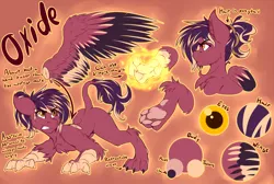 Size: 5000x3356 | Tagged: angry, artist:drizziedoodles, claws, derpibooru import, english, gritted teeth, hybrid, leonine tail, magic, oc, oc:oxide, original species, paw pads, paws, ponytail, reference sheet, safe, sphinx, talons, text, toe beans, underpaw, unofficial characters only, wings