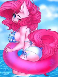 Size: 1536x2048 | Tagged: suggestive, artist:misentes, derpibooru import, pinkie pie, anthro, :p, adorasexy, balloonbutt, bikini, breasts, busty pinkie pie, butt, clothes, cloud, cute, ear fluff, female, inner tube, looking at you, ocean, one eye closed, sexy, side-tie bikini, signature, sky, solo, solo female, swimsuit, tongue out, wink