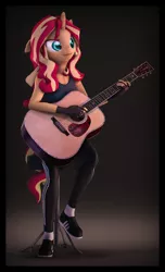 Size: 3400x5600 | Tagged: safe, artist:imafutureguitarhero, derpibooru import, sunset shimmer, anthro, plantigrade anthro, unicorn, 3d, absurd resolution, acoustic guitar, arm fluff, border, chair, cheek fluff, chin fluff, chromatic aberration, clothes, colored eyebrows, colored eyelashes, ear fluff, female, film grain, fingerless gloves, floppy ears, fluffy, freckles, fur, gloves, gradient background, guitar, horn, leather gloves, long hair, long mane, mare, multicolored hair, multicolored mane, multicolored tail, musical instrument, neck fluff, nose wrinkle, pants, shadow, shoes, shoulder fluff, signature, sitting, socks, solo, source filmmaker, stool, tanktop, trackpants, vertical, video link in description, wall of tags, youtube link in the description