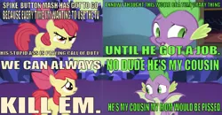 Size: 638x331 | Tagged: episode needed, safe, derpibooru import, edit, edited screencap, editor:undeadponysoldier, screencap, apple bloom, spike, dragon, earth pony, pony, angry, bow, call of duty, caption, cousins, female, filly, gamer gets trolled, image macro, implied abuse, implied button mash, implied murder, male, reference, smosh, spread wings, text, text for breezies, twilight's castle, vulgar, wat, winged spike, wings, wrong aspect ratio