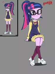 Size: 1800x2400 | Tagged: safe, artist:artmlpk, artist:kora kosicka, derpibooru import, sci-twi, twilight sparkle, equestria girls, friendship games, alternate costumes, alternate design, alternate outfits, blushing, clothes, concept art, crossed legs, cute, design, dress, inspired by another artist, neck bow, outfit, ponytail, smiling, solo, twiabetes, uniform