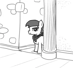 Size: 640x600 | Tagged: safe, artist:ficficponyfic, derpibooru import, oc, oc:giles pecan, earth pony, pony, colt quest, alleyway, bandana, colt, male, monochrome, sidewalk, solo, story included, teenager