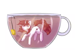 Size: 2608x1740 | Tagged: safe, artist:miha, derpibooru import, oc, oc:flower star, unofficial characters only, pony, unicorn, brown mane, commission, cup, cup of pony, drink, female, flower tea, food, glass, mare, micro, peaceful, simple background, solo, sushi, swimming, tea, white background, white coat, ych result, zen
