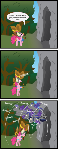 Size: 4800x12234 | Tagged: safe, artist:redtriangle, derpibooru import, pinkie pie, oc, oc:echo, oc:midnight blossom, bat pony, pony, bat pony oc, bat wings, cave, comic, scree, screech, tree, wings, yovidaphone