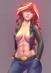 Size: 2480x3508 | Tagged: suggestive, artist:underpable, derpibooru import, sunset shimmer, human, equestria girls, abs, absolute cleavage, badass, bedroom eyes, belly button, belt, belt buckle, breasts, busty sunset shimmer, cameltoe, cleavage, clothes, erect nipples, exposed belly, exposed breasts, female, hands in pockets, humanized, jacket, jeans, leather jacket, nipple outline, open clothes, open jacket, pants, partial nudity, sexy, solo, solo female, stupid sexy sunset shimmer