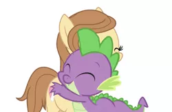 Size: 750x489 | Tagged: safe, derpibooru import, edit, editor:undeadponysoldier, spike, oc, oc:cream heart, dragon, earth pony, pony, adorable face, canon x oc, crack shipping, creamspike, cute, daaaaaaaaaaaw, eyes closed, female, hug, male, mare, shipping, simple background, spikelove, straight, white background
