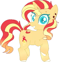 Size: 377x392 | Tagged: safe, artist:dashkatortik12222222, derpibooru import, sunset shimmer, pony, unicorn, alternate cutie mark, alternate design, beautiful, colored hooves, ear piercing, earring, female, jewelry, looking at you, mare, piercing, raised hoof, redesign, simple background, smiling, solo, transparent background