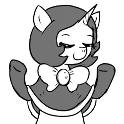 Size: 400x400 | Tagged: safe, artist:ficficponyfic, derpibooru import, oc, oc:joyride, unicorn, colt quest, bowtie, caption, clothes, exploitable, eyes closed, female, horn, image macro, leggings, mantle, mare, monochrome, reaction, reaction image, shrug, smiling, smug, solo, text