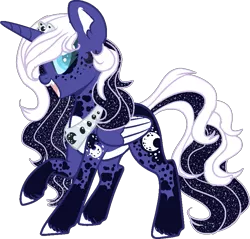 Size: 809x773 | Tagged: safe, artist:dashkatortik12222222, artist:lullabyprince, derpibooru import, princess luna, alicorn, pony, base used, beautiful, coat markings, colored hooves, colored wings, crown, ear fluff, fangs, female, jewelry, leg fluff, mare, open mouth, pale belly, raised hoof, redesign, regalia, simple background, smiling, solo, sparkles, sparkly mane, transparent background, wings