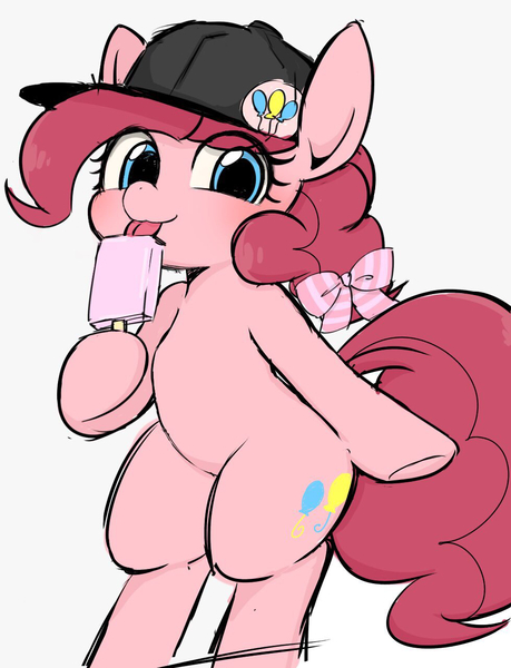 Size: 979x1281 | Tagged: safe, artist:manachaaaaaaaa, derpibooru import, pinkie pie, earth pony, pony, baseball cap, bipedal, bow, cap, cute, diapinkes, eye clipping through hair, female, food, hair bow, hat, ice cream, looking at you, mare, solo, tongue out