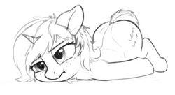 Size: 3166x1720 | Tagged: safe, artist:zippysqrl, derpibooru import, oc, oc:sign, unofficial characters only, pony, unicorn, :t, bored, female, flop, floppy ears, freckles, grayscale, laying on stomach, monochrome, prone, sketch, solo, squishy cheeks