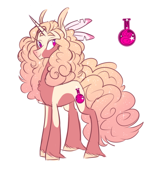 Size: 1000x1136 | Tagged: safe, artist:miatsukyyy, derpibooru import, oc, oc:bia, pony, unicorn, big hair, colored sketch, curly mane, feather, female, gradient mane, into, mare, simple background, solo, standing, unshorn fetlocks, white background