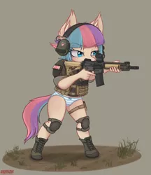 Size: 1810x2099 | Tagged: suggestive, artist:orang111, derpibooru import, oc, oc:sugar muffin, unofficial characters only, anthro, earth pony, unguligrade anthro, anthro oc, ar15, assault rifle, blue underwear, boots, clothes, earmuffs, female, gun, knee pads, panties, ribbon, rifle, shoes, solo, solo female, striped underwear, trigger discipline, underwear, weapon
