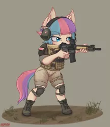 Size: 1810x2099 | Tagged: safe, alternate version, artist:orang111, derpibooru import, oc, oc:sugar muffin, unofficial characters only, anthro, earth pony, anthro oc, ar15, assault rifle, boots, clothes, earmuffs, female, gun, knee pads, rifle, shoes, solo, trigger discipline, weapon