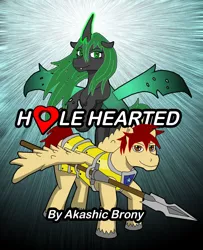 Size: 2208x2716 | Tagged: safe, artist:sword-of-akasha, derpibooru import, changeling queen oc, oc, oc:dented armor, oc:echo, unofficial characters only, changeling, changeling queen, pegasus, pony, fanfic, fanfic:hole hearted, fanfic art, fanfic cover, female, glowing horn, green changeling, horn, male, pegasus oc, rearing, royal guard, spear, unshorn fetlocks, weapon, wings