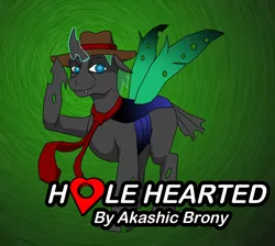 Size: 2452x2200 | Tagged: safe, artist:sword-of-akasha, derpibooru import, oc, oc:amorpheus, unofficial characters only, changeling, fanfic:hole hearted, changeling oc, fanfic art, gradient background, hat, male, necktie, salute, solo