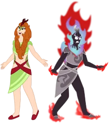 Size: 3800x4300 | Tagged: angry, artist:cyril_deroach, art pack:equestria humanized project, autumn blaze, clothes, derpibooru import, dress, duality, duo, duo female, female, fire, fire hair, glowing eyes, happy, horn, horned humanization, human, humanized, kirin, long hair, nirik, safe, scales, simple background, smiling, transparent background, vector