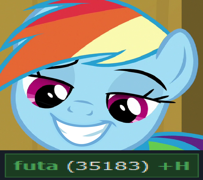 Size: 814x720 | Tagged: safe, derpibooru import, edit, edited screencap, screencap, rainbow dash, pegasus, pony, derpibooru, grin, meme, meta, smiling, trigger warning